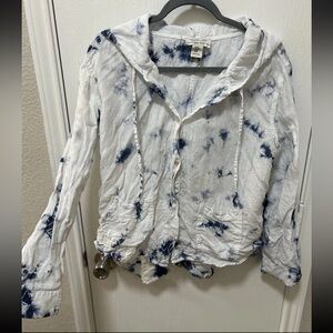 Rachel Zoe 100% Linen Jacket Tie Dye Blue & White Button Up Hooded Size Medium
